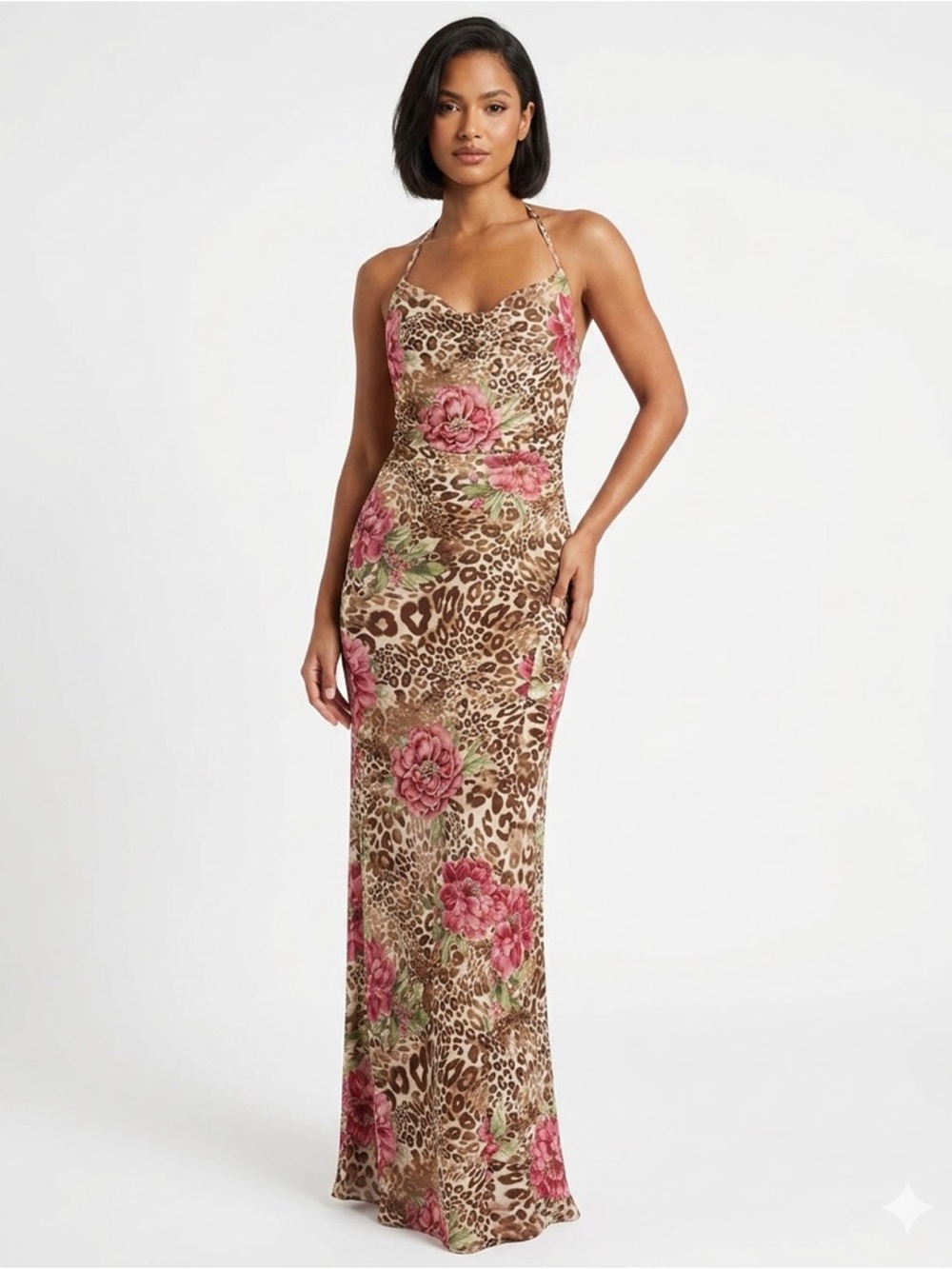 Floral Leopard Print Maxi Dress - Pink & Brown